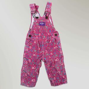 Vintage Oshkosh B'gosh Girl's Overalls Pink Alphabet Print Bibs Size 18 mos